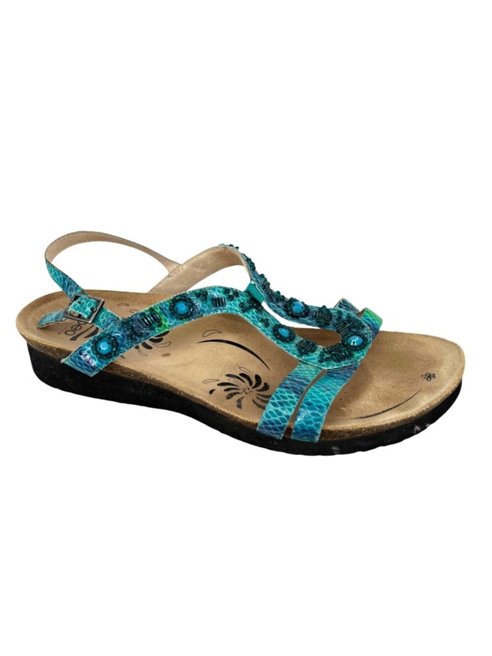 Abeo Beaded Turquoise Teal Green Snake Print Comfort Sandals Size 9